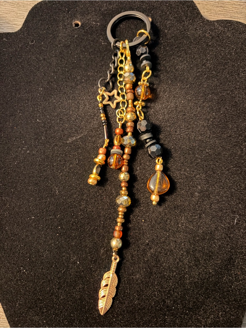 Handcrafted Gold & Amber Beaded Feather Tassel Pocketbook Charm